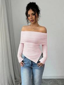 Camiseta elegante de mujer con hombros descubiertos, solapa ancha, dobladillo con cordón y ajuste delgado, para primavera y otoño - Rosa - Ver 3