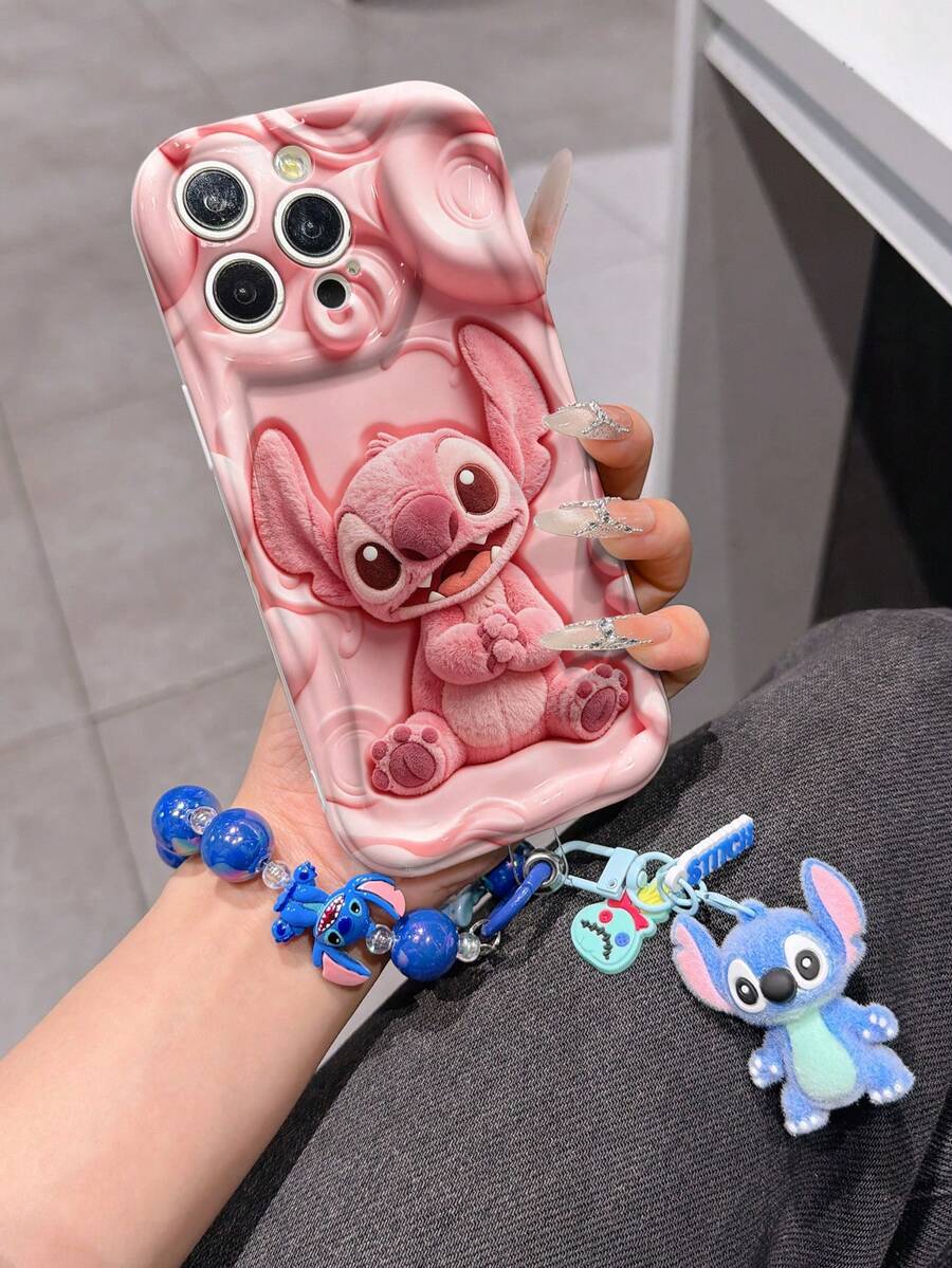 Disney Has Authorized, Phone Case - Chain Set, The Stitch Lilo & Stitch 3D Phone Case Plus A Silicone 3D Stitch Bracelet With Metallic Ring Removable Bracelet, Stitch And Angel Pattern, Compatible With Iphone17/16/15/14/13/12/11/XS/XR/X Plus Pro Max, A Stylish Cartoon Phone Case, The Perfect Gift Choice, Phone Protection, Durable Phone Cover, Great Gift For Friends And Family. - White - View 1