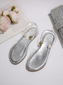 Giày sandal đế bằng hở mũi mùa hè mới, quai ngang mắt cá chân bằng kim loại đính ngọc trai trong suốt, thích hợp cho nữ đi biển hoặc du lịch. - Bạc - Xem 7