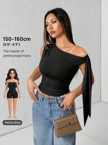 Camiseta de tirantes de unicolor informal con cuello de halter y lazada para el verano - Negro - Ver 8