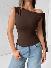 Top de hombro asimétrico con tirantes de atar de unicolor para mujer - Marrón - Ver 3