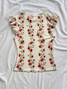 Camiseta casual de mujer con cuello redondo, mangas de volantes y estampado floral, blusas florales para mujer, blusas con mangas de volantes, para salir, blusas de manga corta lindas - Multicolor - Ver 2