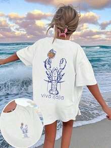 Camiseta informal de manga corta y cuello redondo para mujer con un bonito estampado de langosta. Top de largo normal. - Blanco - Ver 7