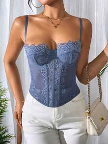 1 pieza Parte superior corta ajustada con adorno de encaje para mujer, top corset ajustado y sexy, adecuado para fiesta, viaje, reunión, Navidad, San Valentín, verano casual negro - Azul - Ver 3