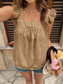 Blusa de mujer con cuello cuadrado y mangas cortas con estampado de lunares - Marrón - Ver 5