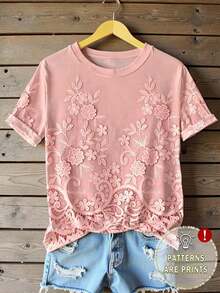 Camiseta de mujer con cuello redondo y manga corta con estampado floral sintético, cómoda para uso casual diario - Multicolor 7 - Ver 1