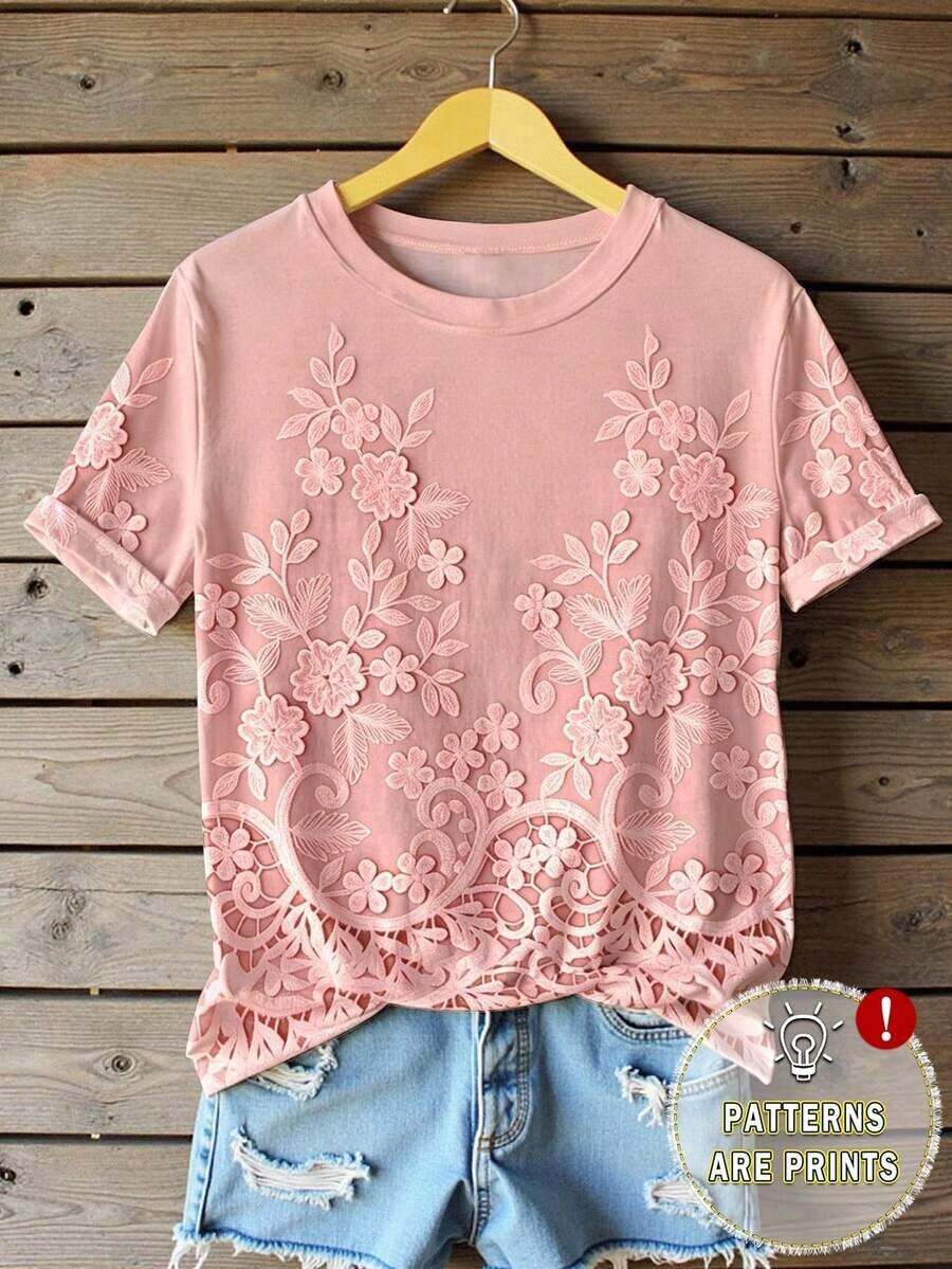 Camiseta de mujer con cuello redondo y manga corta con estampado floral sintético, cómoda para uso casual diario - Multicolor 7 - Ver 1