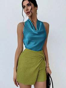 1 pieza Blusa de mujer con cuello de lazo en color albaricoque, minimalista y elegante, top sin mangas - Agua verde azul - Ver 5