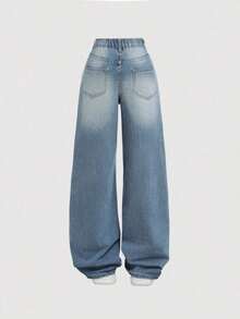Pantalones vaqueros casuales de ajuste holgado con bolsillos y perneras anchas para adolescentes, jeans de verano para adolescentes - Azul lavado medio - Ver 2