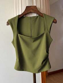 Camiseta de tirantes de mujer de unicolor azul marino con plisado en la cintura y cremallera en la espalda - Verde militar - Ver 4