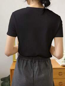 Camiseta de manga corta de punto acanalado de unicolor para verano - Negro - Ver 2