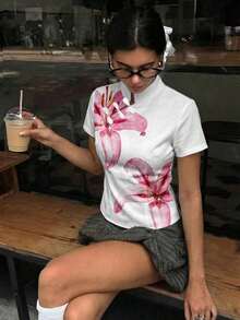 Blusa de cuello Mao de manga corta con cintura ceñida, estilo chino nuevo en color albaricoque, nuevo diseño de primavera/verano para mujer - Multicolor - Ver 6