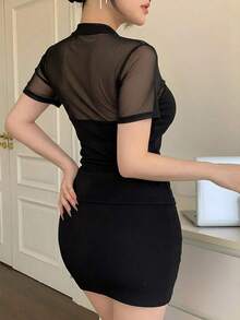 Blusa corta de manga corta de malla transparente elegante y ajustada para mujer, con parches de lunares de malla, ideal para primavera y verano, de uso versátil para San Valentín, boda, fiesta, banquete - Negro - Ver 4