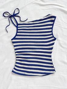 Parte superior ajustada de punto con cuello asimétrico a rayas rojas y blancas, adecuada para fiesta, Navidad, cita, playa, crucero, carnaval, parte superior de punto de tirantes a rayas de verano, parte superior de punto de verano para mujer, - Multicolor - Ver 2