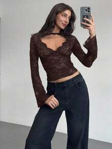 Blusa de manga larga con cuello en V profundo, transparente y con detalles de encaje negro para mujeres - Café integral - Ver 7