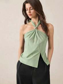 Top con cuello de halter, diseño de botón de metal verde, abertura lateral, elegante y chic para uso urbano y diario, estilo romántico retro de los 90.Adecuado para Navidad, Año Nuevo, San Valentín, fiestas, playa, graduación, moda, carnaval, bod - Verde - Ver 8