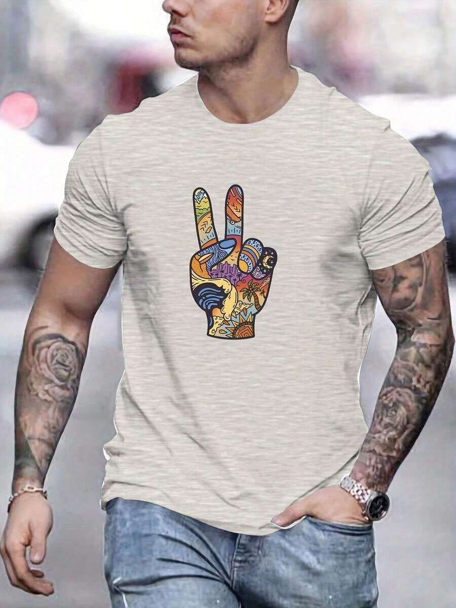 Camiseta con Estampado de Gesto de Paz, Camisetas para Hombre, Camiseta Casual de Manga Corta para Verano - Gris Claro - Ver 1