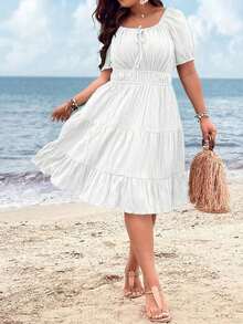 Clasi Vestido corto de manga corta en color burdeos de uso diario, sencillo y liso para mujeres de talla grande - Blanco - Ver 5