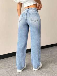 Jeans rectos de talle alto con bolsillos, ajustados y desgastados para mujer - Lavado ligero 2 - Ver 2