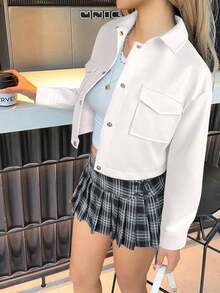Chaqueta de PU con botones, bolsillo con solapa y hombros caídos para otoño/invierno - Blanco - Ver 5