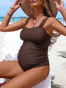 Momance 1 pieza Traje de baño de una sola pieza de unicolor con tirantes finos para maternidad, de moda para el verano - Marrón 2 - Ver 8