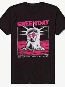 Green Day Blindfolded Lady Liberty Band Graphic Print Summer Autumn Winter Men's and Women's Short Sleeved T-shirt Casual Loose - Negro - Ver 2