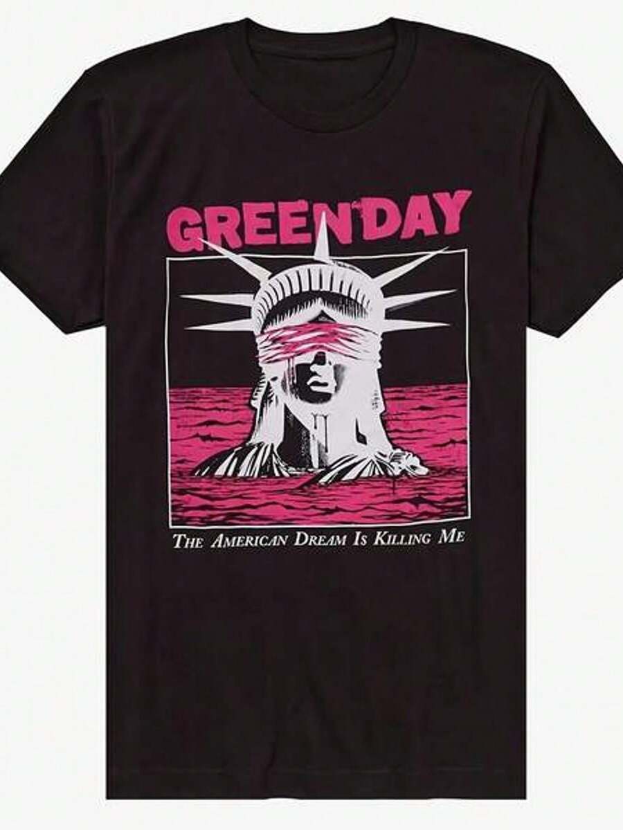 Green Day Blindfolded Lady Liberty Band Graphic Print Summer Autumn Winter Men's and Women's Short Sleeved T-shirt Casual Loose