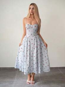 Vestido casual de tirantes tipo sundress de flujo con estampado floral minimalista en amarillo para primavera y verano - Multicolor 2 - Ver 4