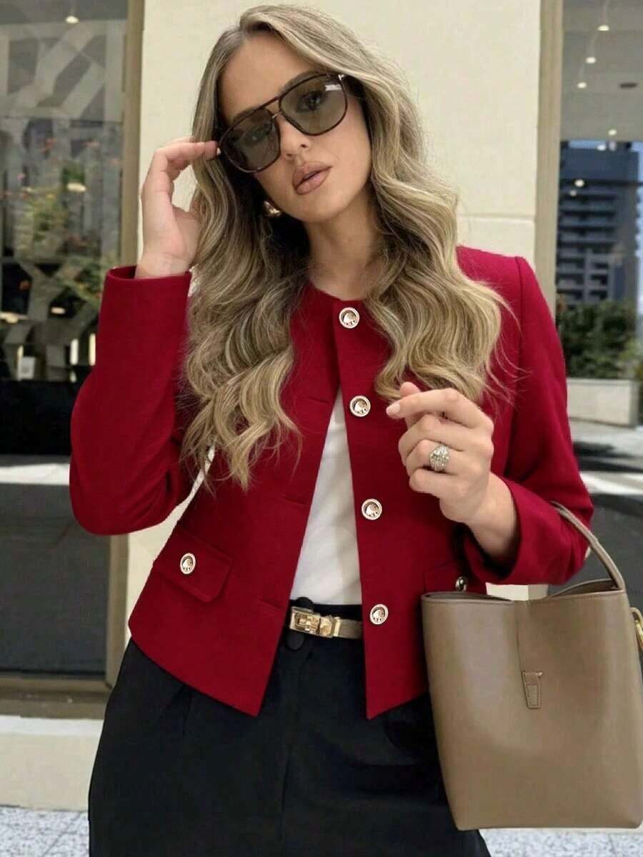 Chaqueta minimalista de mujer de unicolor con botones delanteros y mangas largas, elegante y casual, ligera para primavera y otoño, color negro - Rojo - Ver 1