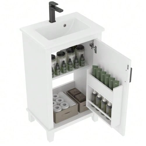 Freestanding Bathroom Cabinet Measuring 51x34x83cm, With Integrated Sink, Fully Lacquered, Shelves On The Door, Adjustable Shelves, Integrated Ceramic Sink, Ideal For Small Spaces, White Color. - White - View 1