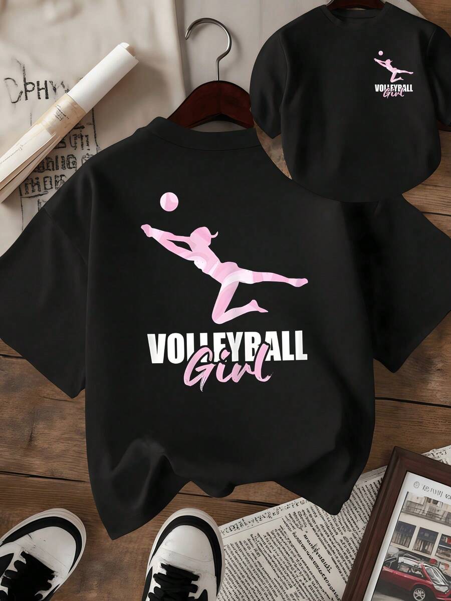 Volleyball Player Figure In Motion Symbolizing Effort, Passion And Feminine Energy With Pink Silhouette On Dark Background, Women's T-Shirt, Double-Sided Print, Casual, Modern - 黑色 - 查看 1