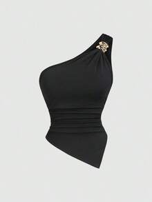Blusa de unicolor minimalista con cuello asimétrico y hebilla de metal para mujer - Multicolor 2 - Ver 4