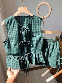 Set de 2 piezas de ropa de mujer con top tipo camiseta con cordones y shorts a cuadros, ideal para el Día de San Valentín - Multicolor - Ver 4