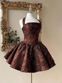 Vestido elegante, romántico y de moda de tela jacquard burdeos con escote halter, espalda descubierta y manga larga en corte evasé, adecuado para ceremonia de graduación, apertura de escuela, festival de música, fiesta de cumpleaños, boda, té de la tarde, baile de graduación - Café integral - Ver 4