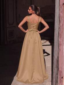 Faeriesty Elegante vestido de noche largo sin mangas de color verde jade, con tirantes de escote cuadrado y diseño sin espalda con tela de satén lujosa, adecuado para damas de honor de boda - Champán - Ver 2