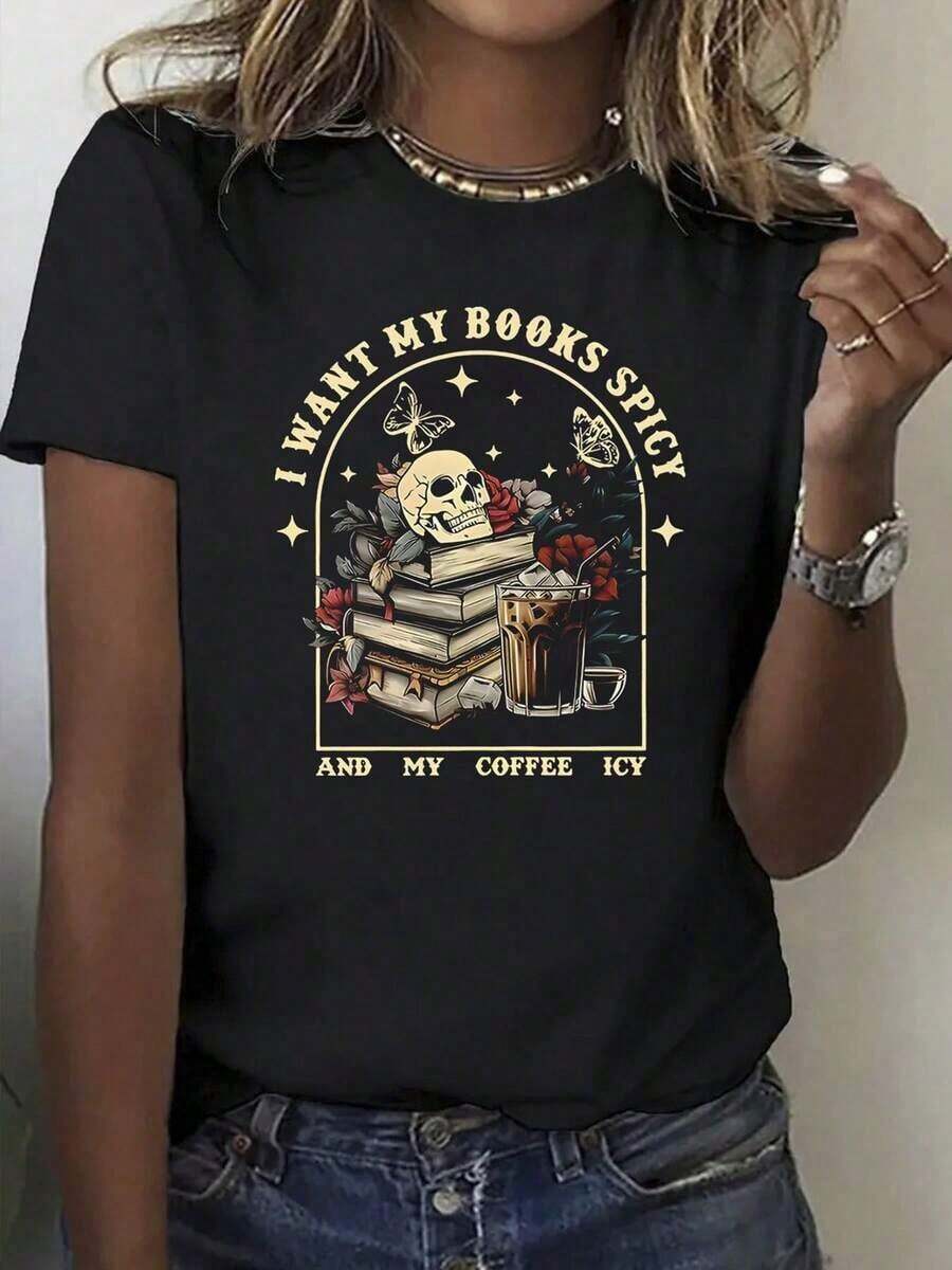Minimalist 100% Pure, I Want My Book With Spicy Pattern, Printed T-Shirt, Spring And Summer, Round Neck, Short Sleeve, Women's T-Shirt, Breathable Casual Sports, Holiday Gift 100% Cotton Women's Simple Solid Color T-Shirt, Loose And Slim Fit Casual Short Sleeve - 黑色 - 查看 1