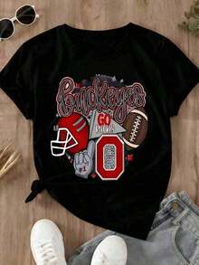 Camiseta impresa de algodón puro para mujeres,Camiseta impresa de algodón puro para mujeres,1 camiseta de fanático del equipo de fútbol americano Ohio State Buckeyes, Go Bucks, ropa deportiva universitaria , camiseta gráfica negra para mujer, 180g, 100% algodón suave. Adecuado para primavera, verano y otoño. - Negro - Ver 2