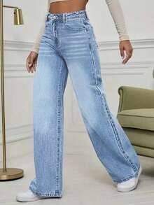 Women's Mid Waist Non Elastic Casual Loose Straight Leg Denim Pants Suitable For Daily Commuting And Home Wear - màu xanh lam trung bình - Xem 3