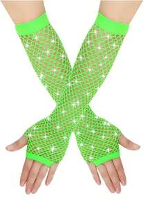 1 Pair 80s Y2K Style Rhinestone Fishnet Fingerless Gloves, Women Mesh Sleeve Decor Accessory For Wedding, Tea Party - Fishing Net Gloves - View 28