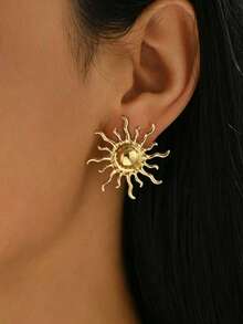 2PCS Women's Gold & Silver Sunflower Stud Earrings, Niche Vintage Y2K Style, Luxury Design, Suitable For Music Festivals, Daily Commute, Gifts, Beach Vacation Wear - Multicolor - View 2