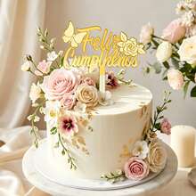 1个/3个金色亚克力“Feliz Cumpleaños”（西班牙语生日快乐）蛋糕装饰插牌，饰有花卉和蝴蝶图案，适合西班牙主题生日派对装饰。 - 多色 - 查看 3