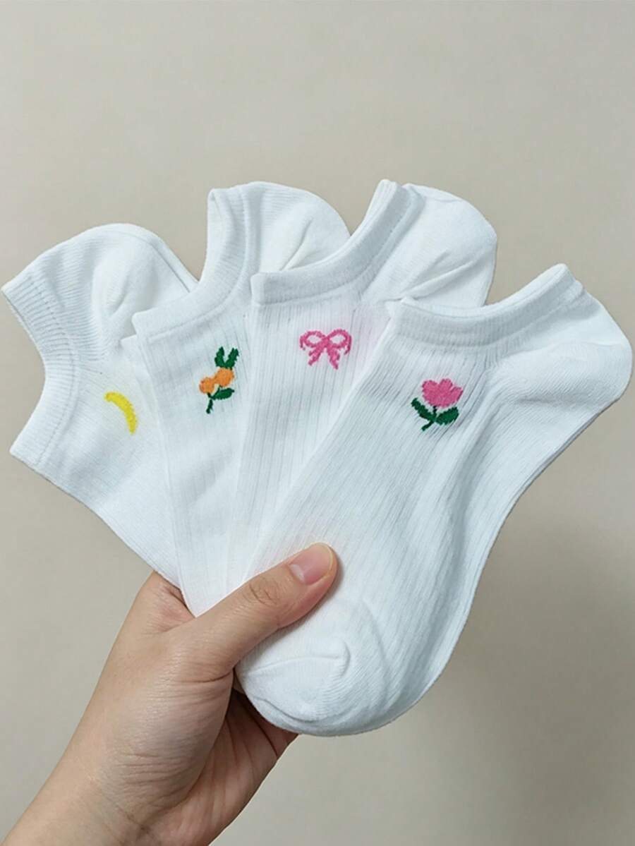 1/4/8 Pairs Summer White Minimalist Cartoon Bear/Rabbit/Tulip/Banana Pattern, Cute Animal & Floral Short Socks, Soft Low-Cut Socks, Casual, Daily Versatile Socks - Multicolor - View 1