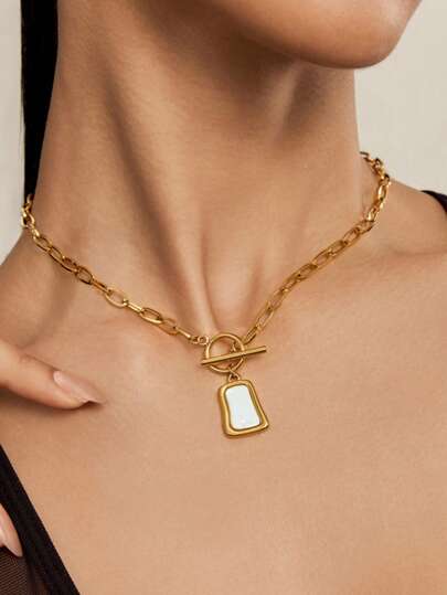 Altistry 1pc Gold Tone Vintage White Bead Chain Stainless Steel Necklace For Women, Short Length Sweater Chain All-Match Cool Style