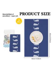 2pcs Whale & Shell Pattern Kitchen Towels, Watercolor Ocean Style Dish Cloths, Suitable For Farmhouse Kitchen & Home Decor - Blue - View 2