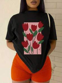 Elegant Women's T-Shirt With Abstract Floral Print, Stylish Round Neck T-Shirt For Casual Wear, Soft And Comfortable Fabric, Vibrant Red Tulip Design, Perfect For Everyday Fashion, It Is A Wonderful Gift Choice With A Unique Pattern And Modern Fit, Ideal For Summer Outfits And Layering, Express Your Personality With This Eye-Catching Top. - 黑色 - 查看 2