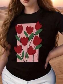 Elegant Women's T-Shirt With Abstract Floral Print, Stylish Round Neck T-Shirt For Casual Wear, Soft And Comfortable Fabric, Vibrant Red Tulip Design, Perfect For Everyday Fashion, It Is A Wonderful Gift Choice With A Unique Pattern And Modern Fit, Ideal For Summer Outfits And Layering, Express Your Personality With This Eye-Catching Top. - 黑色 - 查看 5