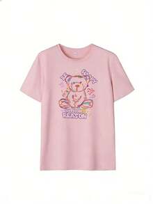 T-Shirt With Graffiti-Style Teddy Bear And "Be Happy" Text,  Short-Sleeve T-Shirt For Spring/Summer 2026, Made In Mexico, 180 Grams. Cartoon Print, Couple Design, Suitable For Indoor Or Outdoor Wear. Crew Neck, Unisex, Ideal For The Office And Leisure. One-Pack. - PK-P631577SLNDXZGY498 - 查看 4