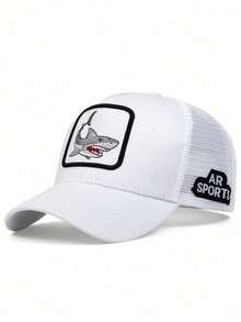 1pc Men's Shark Embroidery Baseball Cap, Trucker Hat, Adjustable Breathable Mesh Hat, Suitable For Outdoor, Travel, Beach, Party In Spring And Summer,Festival,Holiday - White - View 4