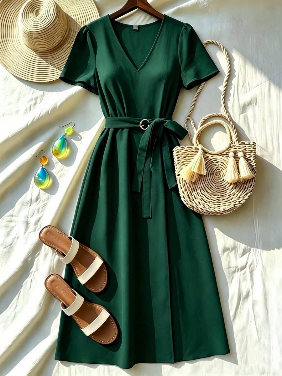 Elegant Women's Dress, V-Neck, Short Sleeve With Belt, Ideal For Holidays And Everyday Wear - 綠色 - 查看 1