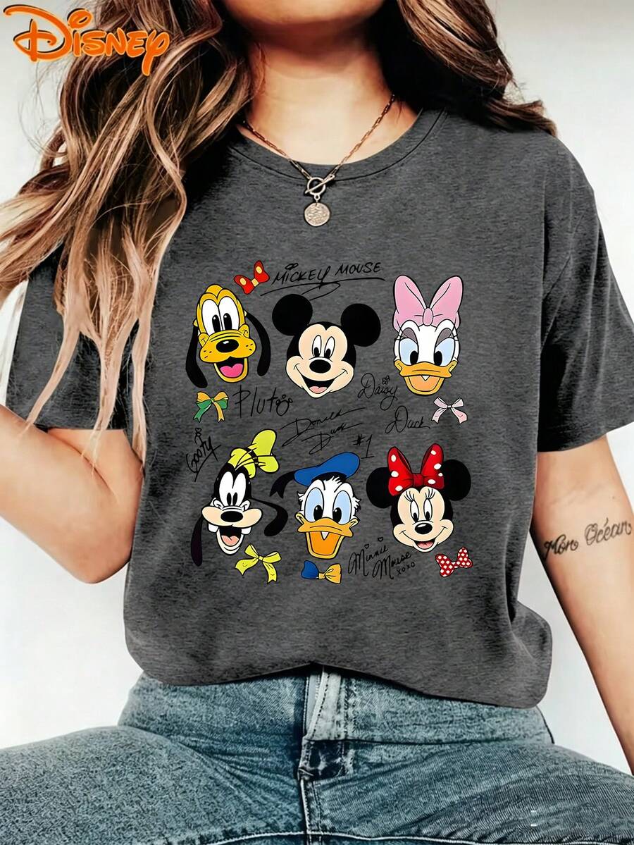 Disney Mickey Mouse Pluto Goofy Daisy Duck Donald Duck Minnie Mouse Character Signatures Graphic Crew Neck Casual Short Sleeve T-Shirt, Women's Loose Fit Summer Top - 深灰色 - 查看 1